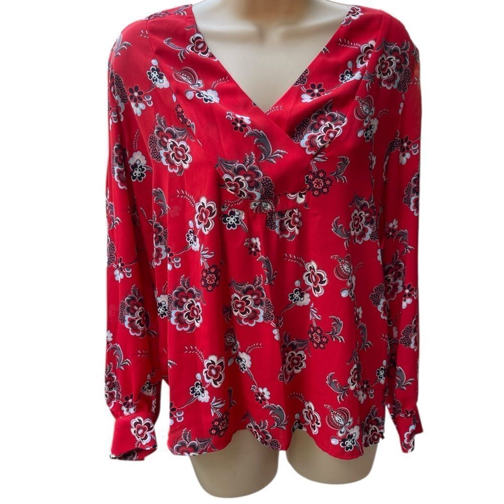 LOFT Red Floral Women's Blouse button sleeve crossover neck S Sheer flowy